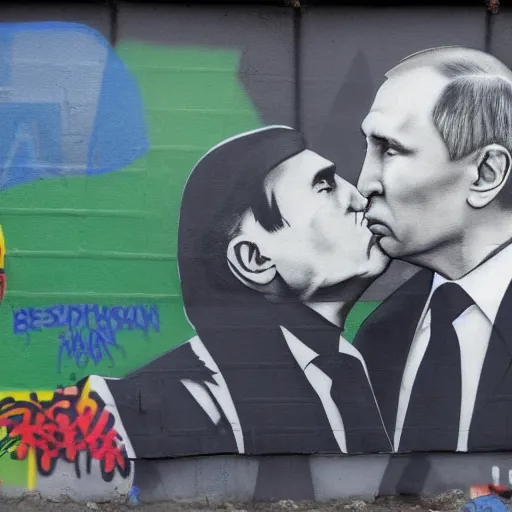 Image similar to Vladimir Putin and Sergey Lavrov kissing, kiss on the berlin wall graffiti, 8k