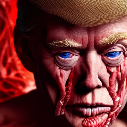 Image similar to Donald Trump with translucent skin, visible muscles and veins and arteries and bones and spine and nerves, beautiful detailed intricate insanely detailed octane render, 8K artistic photography, photorealistic, chiaroscuro, by David Cronenberg, Raphael, Caravaggio