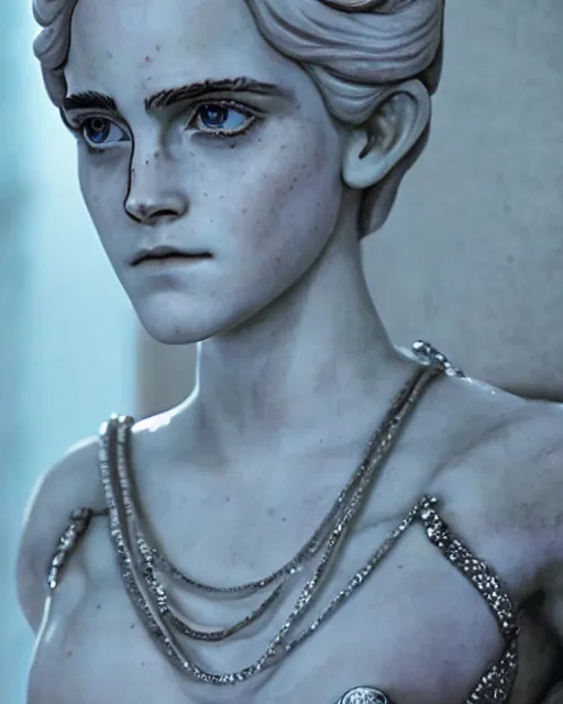 Prompt: portrait of a white marble statue adorned with silver and diamonds of emma watson in mad max, photo by studio ghibli, beautiful, cute, anime artstyle, amazing lighting