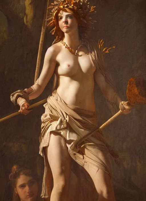Image similar to A super-detailed portrait of the young bacchante with Thrysos staff by Max Nonnenbruch,evening, atmospheric lighting, intricate detail, cgsociety, hyperrealistic,ambient light, dynamic lighting