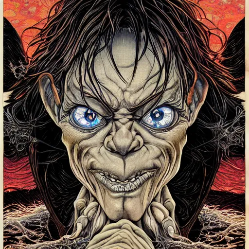 Image similar to portrait of crazy gollum, symmetrical, by yoichi hatakenaka, masamune shirow, josan gonzales and dan mumford, ayami kojima, takato yamamoto, barclay shaw, karol bak, yukito kishiro