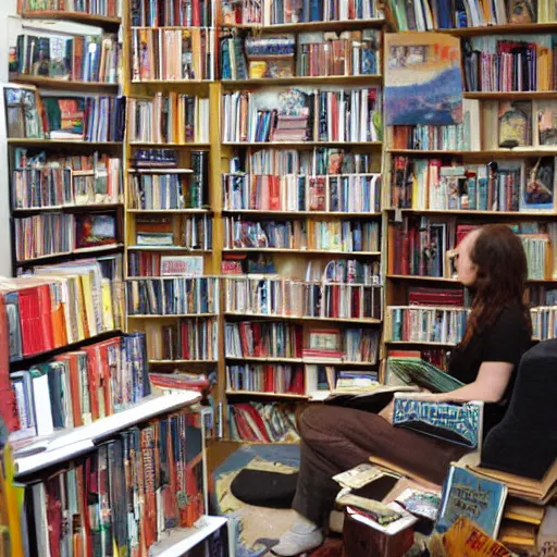 Prompt: bookseller shelves her books outsider art, collage