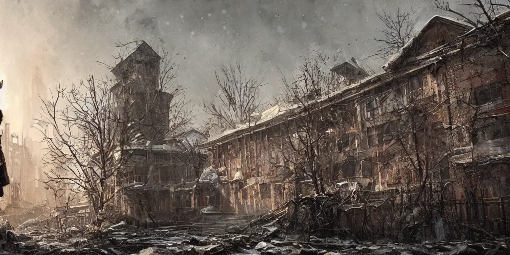 Image similar to A ghoul roaming an abandoned russian factory as concept art for Metro Exodus, winter season, abandoned, ruined buildings, oil painting, painting by Viktor Vasnetsov, concept art, fantasy cityscape, brutalist architecture, painting by Ivan Shishkin, hyperborea, high resolution, trending on artstation,