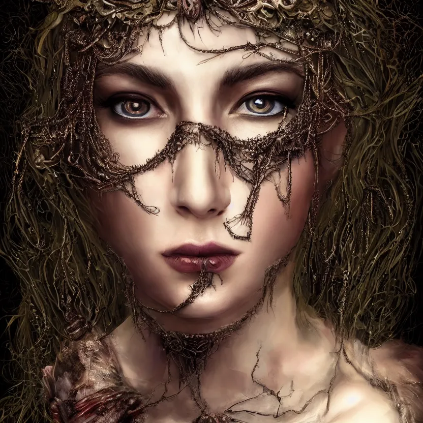 Image similar to mindblowing portrait of the enchantress queen, a stunning timeless beauty, breathtaking eyes, perfect skin, feathered eyelashes, royal gothic dress with a lot of leather, heavy silent hill aesthetic, incredibly intricate, digital art, blender, houdini & photoshop, very elegant & complex, hyper-maximalist, overdetailed, epic cinematic quality, biblical art lighting, photorealistic, lifelike, OLED, DSLR HDR 8k, face is the focus, facial feature symmetry, hyper composed, created by Nixeu & z--ed from deviantart