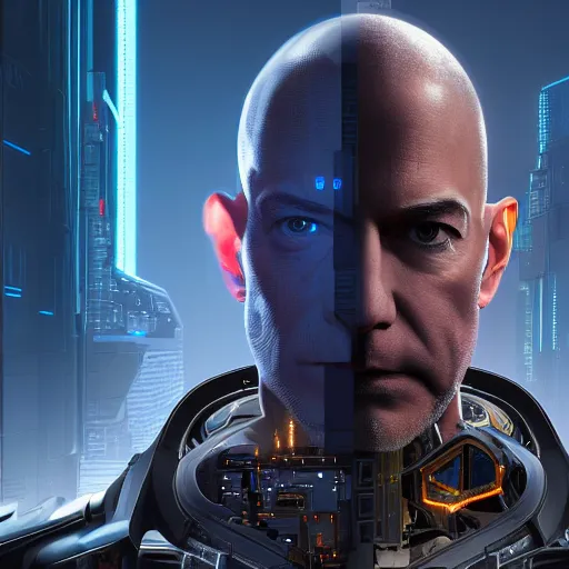 Image similar to front view, imposing, ominous portrait of cyborg Jeff Bezos as a cyberpunk 2077 loading screen, symmetry, front view, intricate, studio, art by anthony macbain + greg rutkowski + alphonse mucha, concept art, 4k, sharp focus