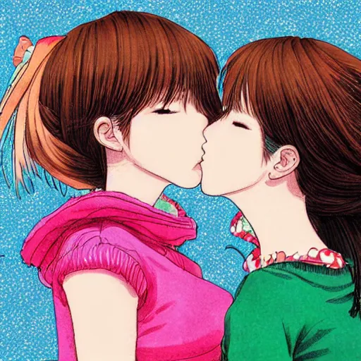 Image similar to portrait of two girls kissing, detailed manga art