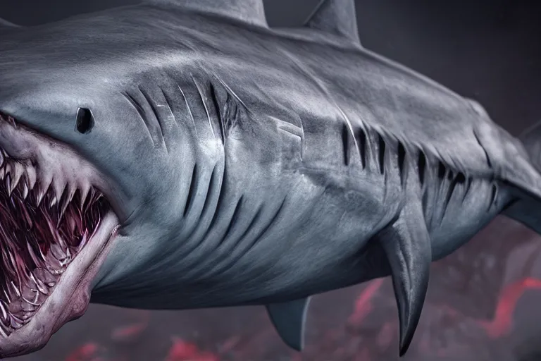 Image similar to a humanized shark made of muscles and flesh, very angry, teeth, ambient light, terror, glows, realistic, photo-realism, hyper realism, picture, detailed, 3D render, scary, distant shot, in the distance,