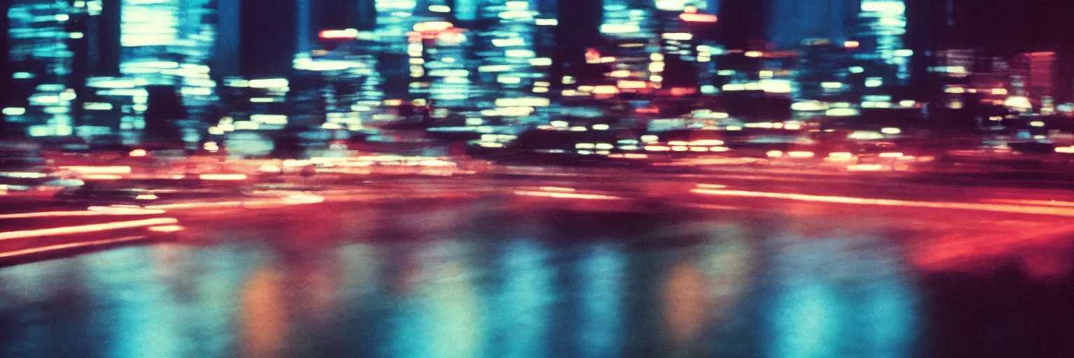 Prompt: 8 0 s neon movie still, portrait of high speed blurred traffic by the river with city in background, medium format color photography, movie directed by kar wai wong, hyperrealistic, photorealistic, high definition, highly detailed, tehnicolor, anamorphic lens