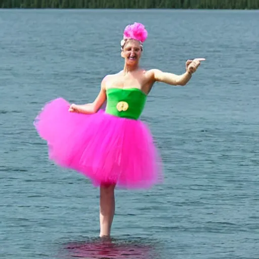 Image similar to ( ( green putin wearing a pink tutu ), on a boat on a lake!!!!!!!!!!!!