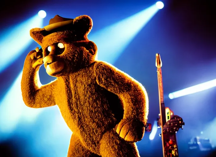 Prompt: publicity photo still of smokey the bear on tour with korn live on stage, 8 k, live concert lighting, mid shot