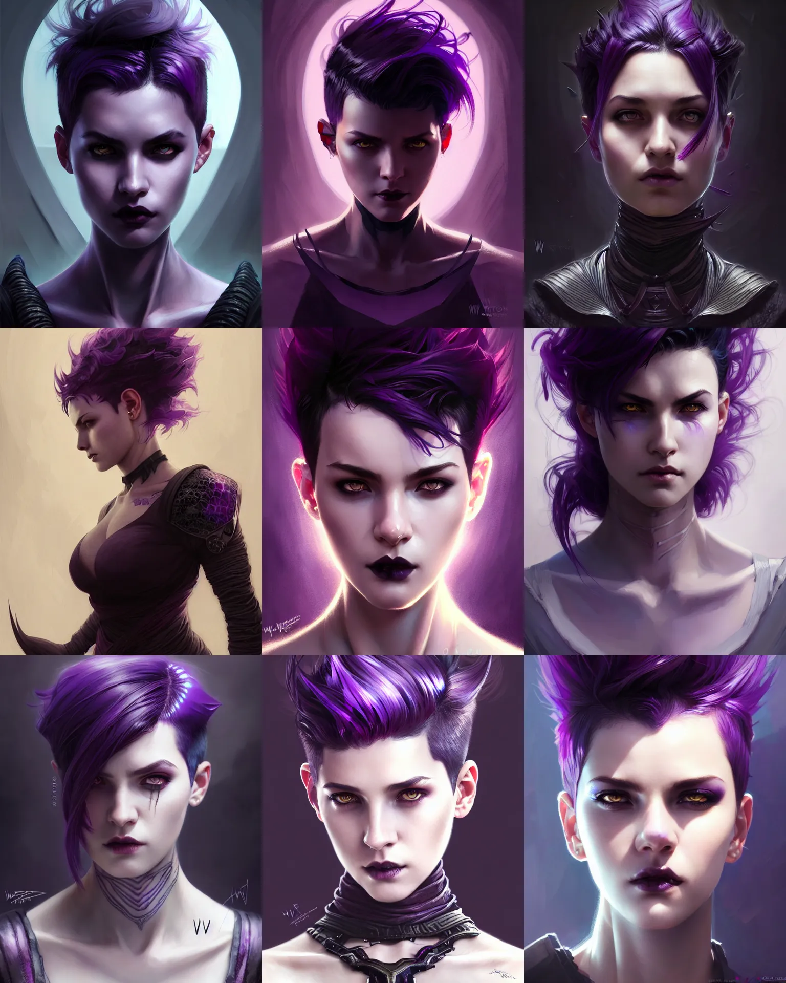 Prompt: portrait rugged girl, dark supervillain, dragon scales, fantasy magic, undercut hairstyle, short purple black fade hair, dark light night, intricate, elegant, sharp focus, illustration, highly detailed, digital painting, concept art, matte, art by WLOP and Artgerm and Greg Rutkowski and Alphonse Mucha, masterpiece