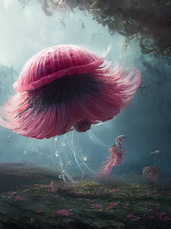 Image similar to a fancy portrait of a giant floating flower and jellyfish by Greg Rutkowski, Sung Choi, Mitchell Mohrhauser, Maciej Kuciara, Johnson Ting, Maxim Verehin, Peter Konig, Bloodborne, beeple, 8k photorealistic, cinematic lighting, HD, high details, atmospheric , trending on artstation. made in Maya, Blender and Photoshop, octane render, excellent composition, cinematic dystopian brutalist atmosphere, dynamic dramatic cinematic lighting, aesthetic, very inspirational, arthouse. y Greg Rutkowski, Ilya Kuvshinov, WLOP, Stanley Artgerm Lau, Ruan Jia and Fenghua Zhong