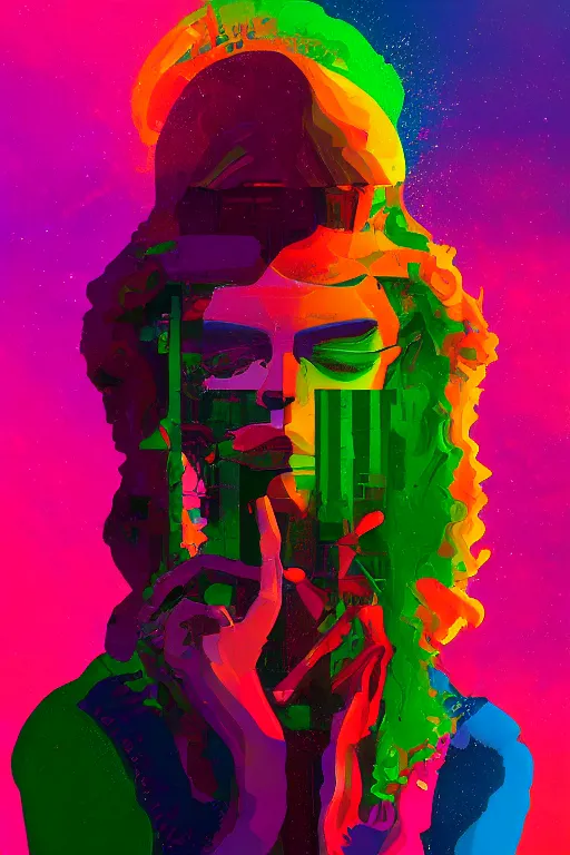 Image similar to an expressive profile painting of a stereotypical millennial, in the style of an original beeple digital art painting, vaporwave cartoon