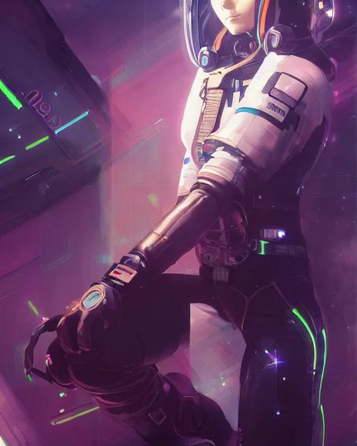 Prompt: anime visual of a female astronaut, neon, cyberpunk, black futuristic suit, stunning, highly detailed, digital painting, artstation, smooth, soft focus, illustration, art by artgerm and greg rutkowski and alphonse mucha