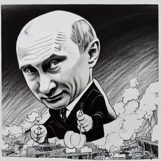 Prompt: vladimir putin in scene from dr. strangelove riding a bomb in the sky, cartoonish, ultra detailed pencil art, semi - realistic