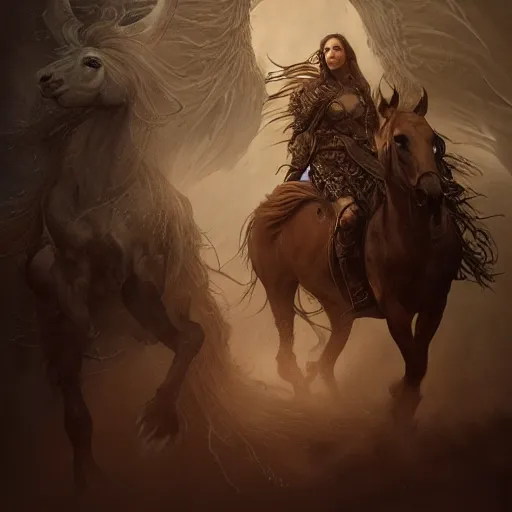 Image similar to Portraits based on the four horsemen of the apocalypse, intricate, epic, elegant, menacing, fantasy, highly detailed, digital painting, hard focus, beautiful volumetric lighting, epic light, ultra detailed, by Leesha Hannigan, Ross Tran, Thierry Doizon, Kai Carpenter, Ignacio Fernández Ríos