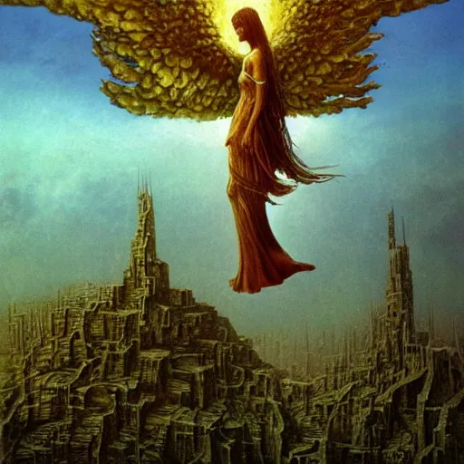 Image similar to lovecraftian angel floating above a ruined city, highly detailed beksinski painting