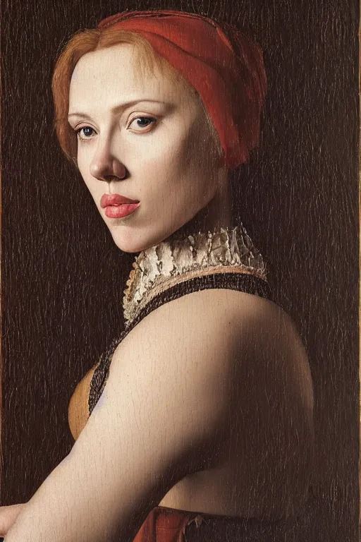 Prompt: portrait of scarlett johansson, oil painting by jan van eyck, by hans holbein, northern renaissance art, old masters, alla prima, realistic, expressive emotions, intricate textures, illusionistic detail