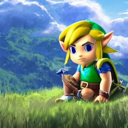 Prompt: A photo of Link from Zelda sitting in a field on a sunny day with clouds in the sky, he is a baby