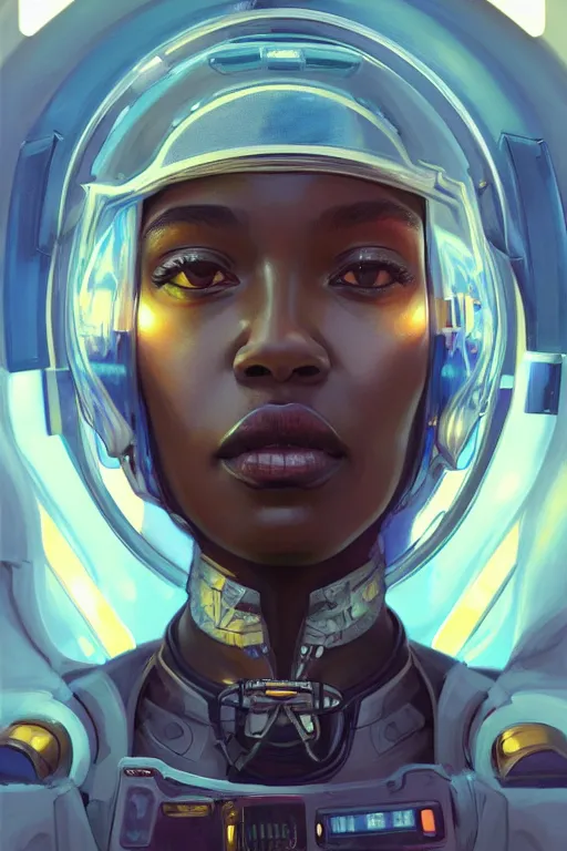 Image similar to portrait futuristic beautiful african Airforce armored pilot Girl, at inside of future fighter aircraft, ssci-fi, fantasy, intricate, very very beautiful, elegant, human anatomy, neon light, highly detailed, digital painting, artstation, concept art, soft light, smooth, sharp focus, illustration, art by tian zi and WLOP and alphonse mucha