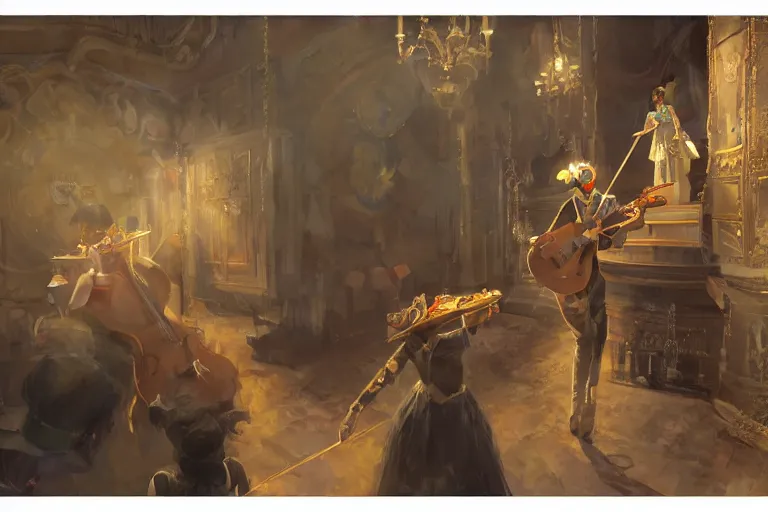 Image similar to craig mullins and ghibli digital art of on the stage of the theater, a masked female violinist performs alone, dressed in exotic costumes, gold jewelry, and black hair realistic shading, cinematic composition, realistic render, octane render, detailed textures, photorealistic, wide shot