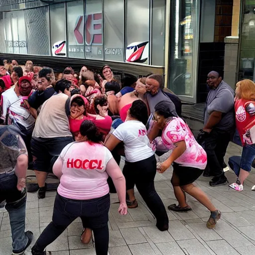 Prompt: a horde of obese zombies trying to get into a barricaded KFC.