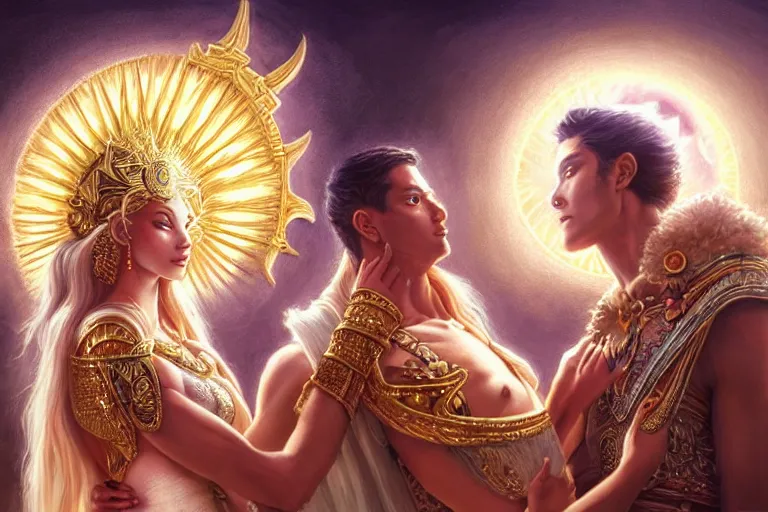 Image similar to close up moment of a divine a sun god and a moon goddess lovers magician at a wedding banquet, highly detailed, d & d, fantasy, highly detailed, digital painting, trending on artstation, concept art, sharp focus, illustration, art by artgerm and greg rutkowski and magali villeneuve