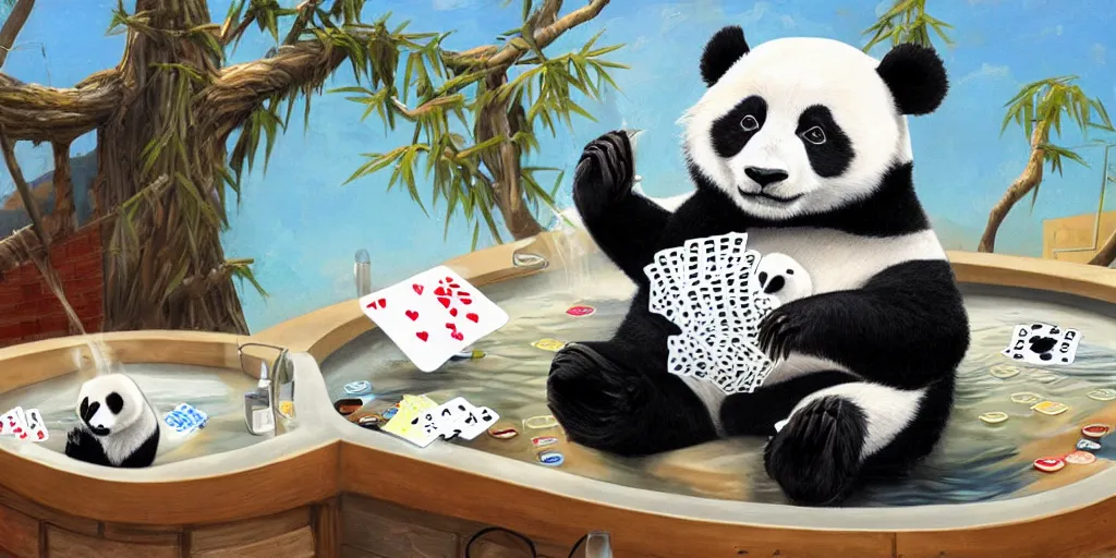 Image similar to A panda playing cards in a hot tub on a roof top, Greg Simkins