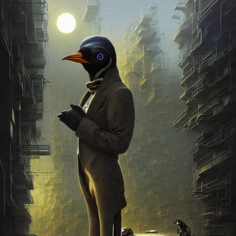 Image similar to A solarpunk very highly detailed Anthropomorphic cybertronic penguin wearing sport suit with very highly detailed face on the street of a very highly detailed solarpunk city digital surrealism art by Greg Rutkowski and Josan Gonzalez, highly detailed, digital concept art, Volumetric natural light, sharp focus, Golden Ratio illustration, realistic concept art by Stephen Hickman and James Gurney and Hiromasa Ogura Ghost in the Shell rendered in VRAY, From the distance