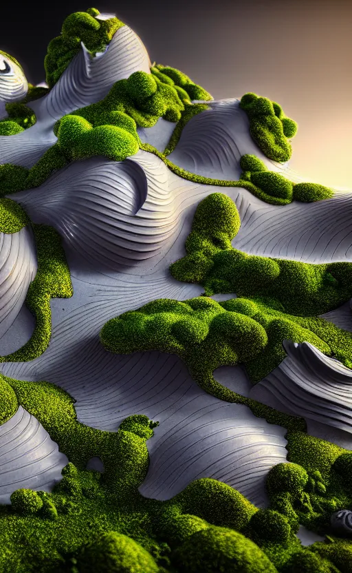 Image similar to highly detailed ultra sharp 3 d render villa cinematic composition of a smooth ceramic porcelain biomorphic magnolia stone nebula fluid fractal sci - fi surreal architecture landscape, granite, metallic, magnesium, marble, moss and lichen, vincent callebaut composition, mamou - mani, archviz, beautiful lighting, 8 k, unreal engine, hdr,