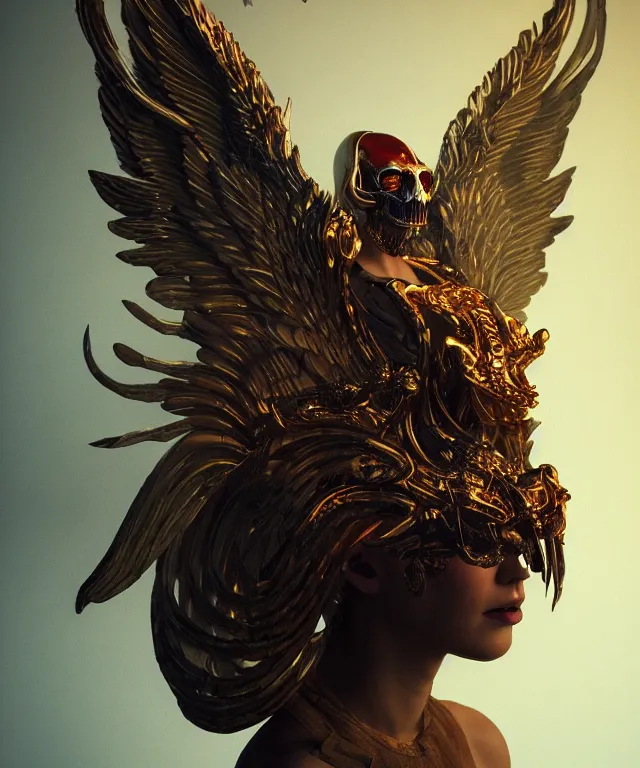 Prompt: surrealistic, portrait of a fallen angel, 3 / 4 profile beautiful sideways, 6 - winged goddess, glowing intricate phoenix ram skull mask, by tooth wu and wlop. octane rendering, on artstation popular, greg rutkowski film, surreal, high detail, octane rendering, 8 k,