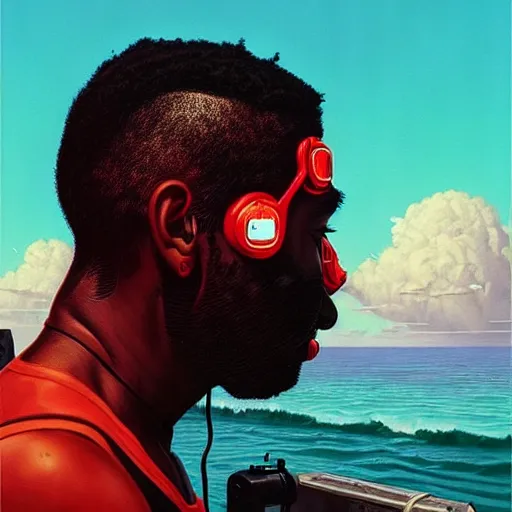 Image similar to side profile of a black man :: blood :: background sea :: intricate details :: futuristic oxygen mask :: 8k :: simon stalenhag and Sandra Chevrier