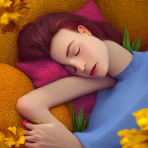 Image similar to girl sleeping on a big flower, 3 d render, incredible details, highly detailed, photorealistic, disney pixar, smooth, octane render, iridescent, 8 k