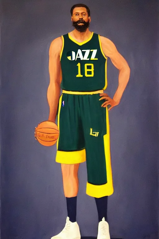 Prompt: full body portrait of the dictator of the nba utah jazz, 1 8 8 9, in full military garb, navy blue, green, yellow, oil on canvas by william sidney mount, trending on artstation