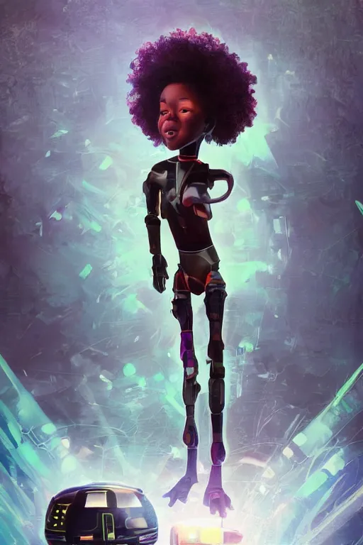 Image similar to a black kid playing with a futuristic robot in the nature, mixing solarpunk, afropunk, cyberpunk, ( ( ( ( volumetric light ) ) ) ), high angle, part by pearl fryar, part by prince damah, sunny day, trending on artstation, cinematic view, illustration, painting, realistic