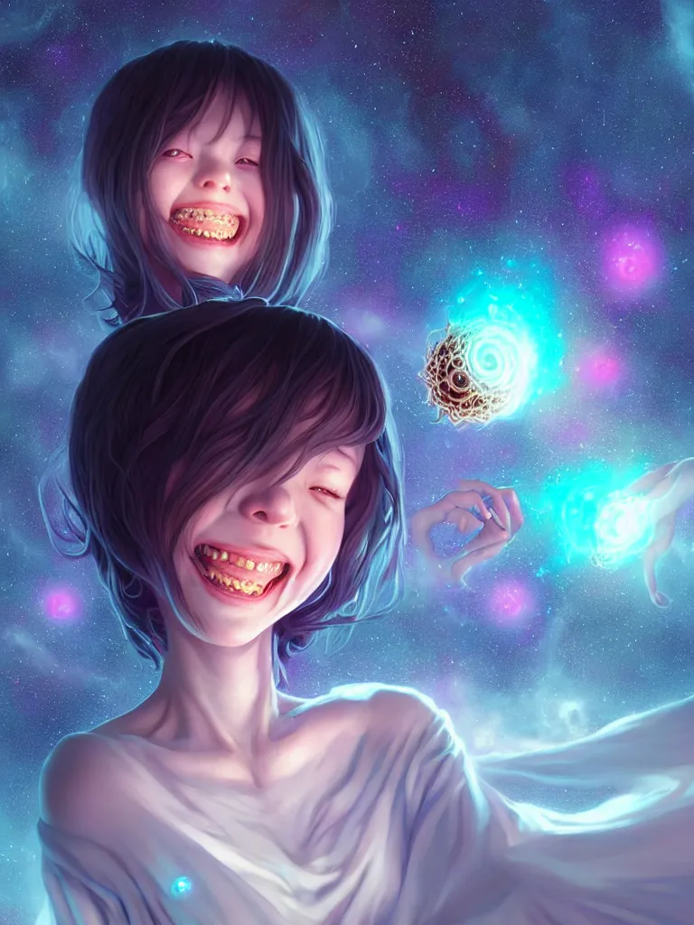 Image similar to azathoth girl smiling so happily, dress made out milky way, occlusion shadow, specular reflection, rim light, unreal engine, artgerm, artstation, art by hiroaki samura and ilya kuvshinov and ossdraws, intricate, highly detailed 8 k, cosmic horror illustration, extremely beautiful and aesthetic shape of face and body