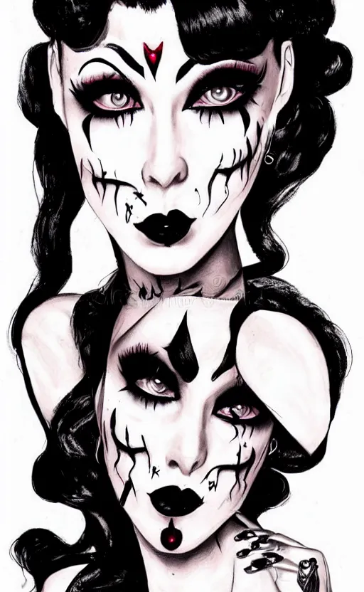 Prompt: of a goth girl burlesque psychobilly, rockabilly, punk, black hair, detailed face, white background, drawing, full body shot, portrait illustration