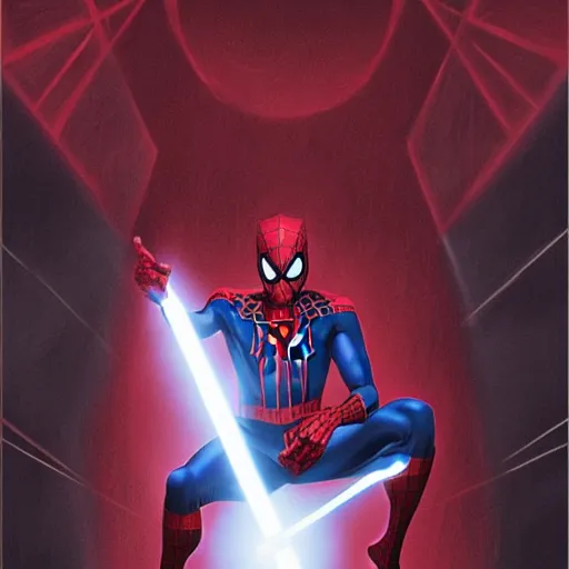 Image similar to Portrait of Spiderman as a sith lord from star wars, full length shot, shining, 8k highly detailed, sharp focus, illustration, art by artgerm, mucha, bouguereau