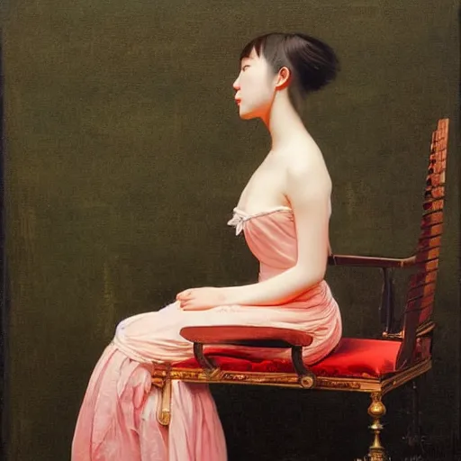 Image similar to painting by frederic edwin church, balaskas christoper, conrad roset, coby whitmore, and chie yoshii. of a pretty cute kawaii japanese girl sitting on antique chair leaning against a desk, sideview, victorian room