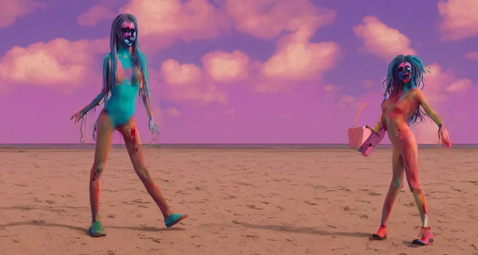 Image similar to fullbody vaporwave art of a zombie girl at a beach, early 90s cg, 3d render, 80s outrun, low poly, from Hotline Miami, Beksinski