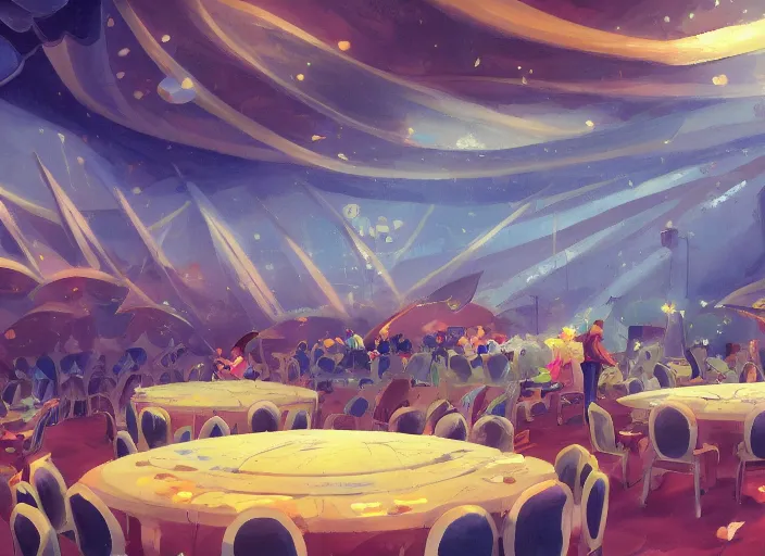 Image similar to cartoon background clean neat clarity professional visual development set design, large hall, people sitting on ten round tables, dim painterly lighting volumetric aquatics, impasto, trending on pixiv