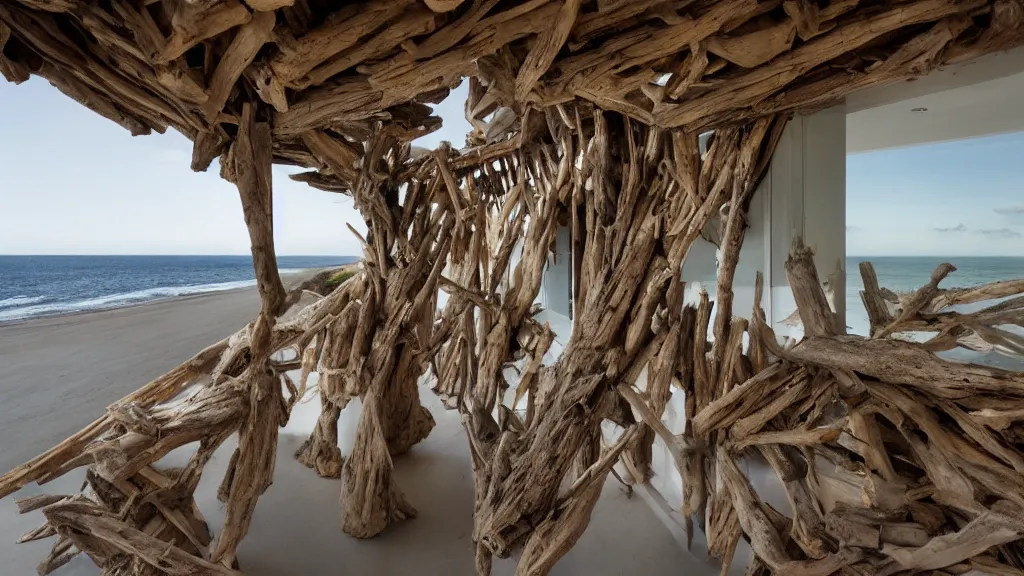 Prompt: architectural photography of a house made of driftwood, natural and organic, on the coast.