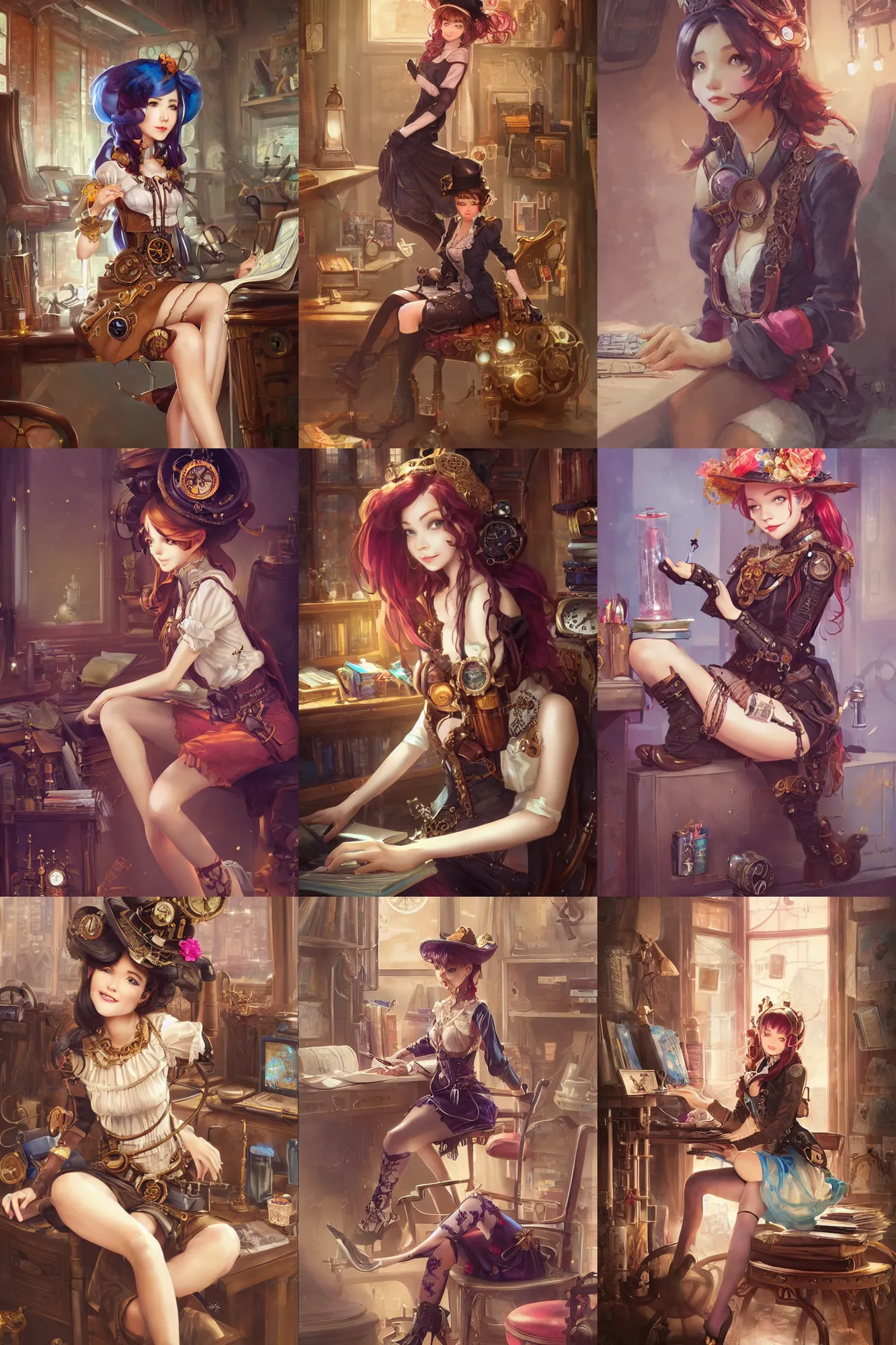 Prompt: a beautiful steampunk girl sitting in her office | | cute - fine - subtle smile, colorful hair, face, pretty face, fine details by stanley artgerm lau, wlop, rossdraws, james jean, andrei riabovitchev, marc simonetti, and sakimichan, trending on artstation