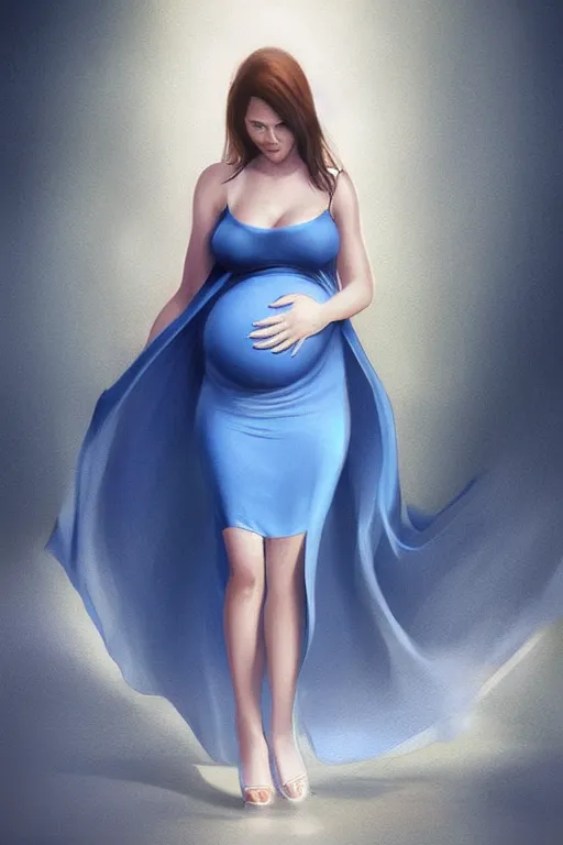 Prompt: pregnant woman in a short blue dress in night under street light, highly detailed, sharp focused, ultra realistic digital concept art by artgerm and gre