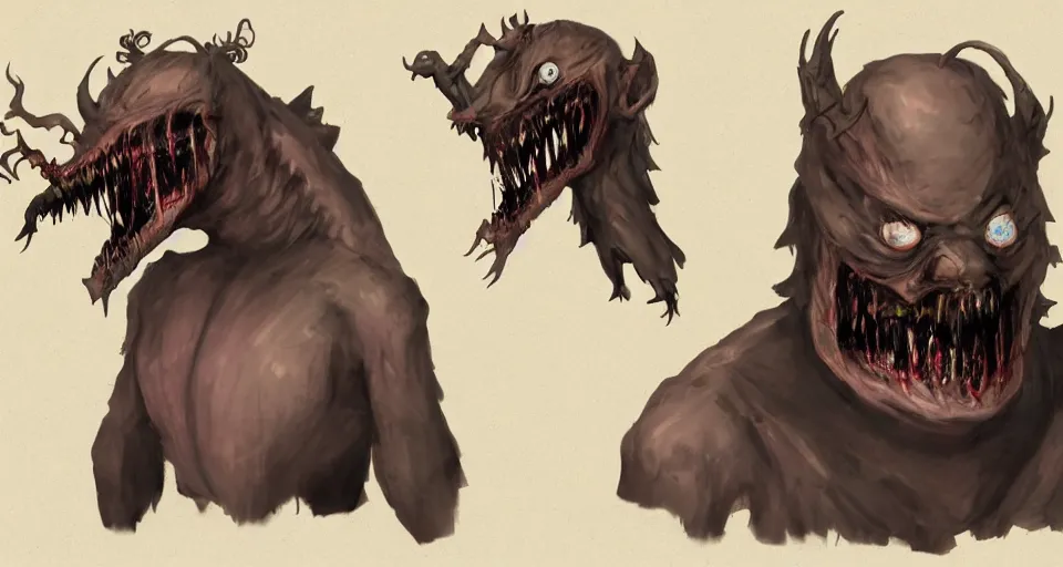 Prompt: concept art of a horrifying creature that wears a creepy comedy mask, concept art, turnaround world building, character design