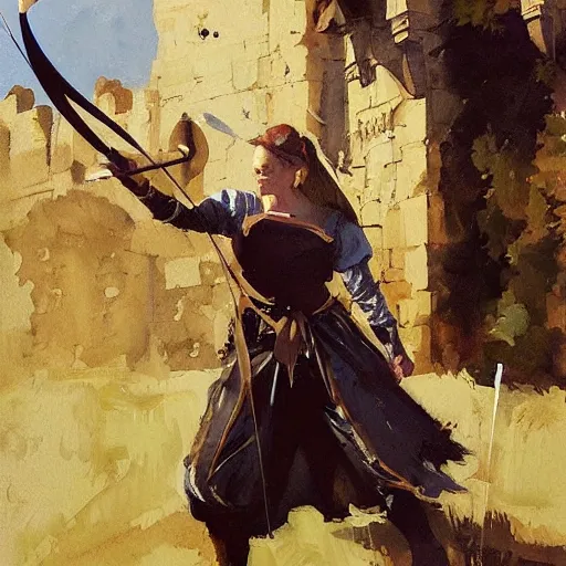 Prompt: portrait of woman wearing medieval clothing aiming a bow and arrow, detailed by greg manchess, craig mullins, bernie fuchs, walter everett