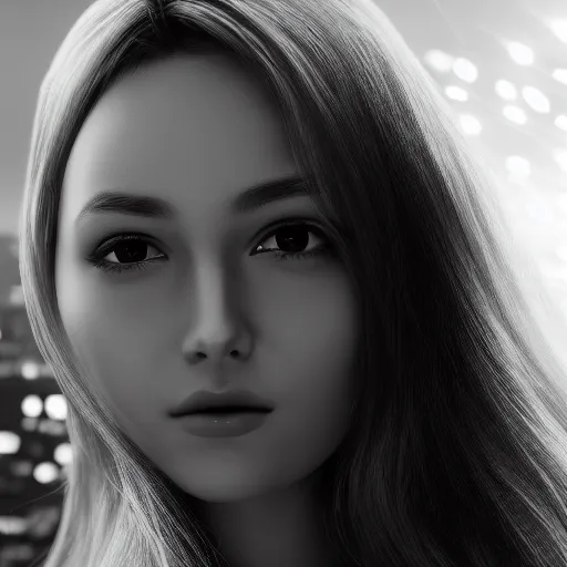 Image similar to black and white dreamy young beautiful female artificial intelligence, cyborg, cinematic, rim light, bokeh, photo - realistic, elegant, high detail, 8 k