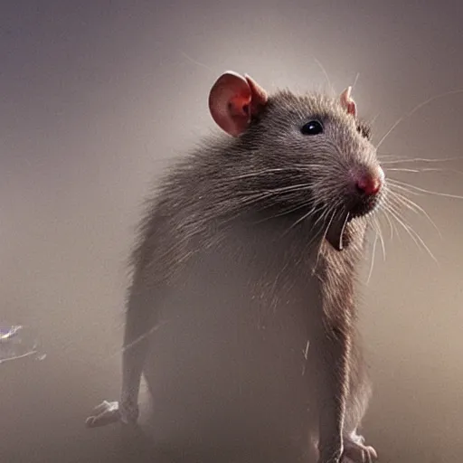 Prompt: cranbow jenkins, lord of the hambone, emerging from the mist, now declares himself king of all rats and insects