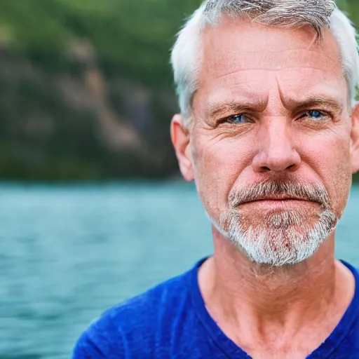 Prompt: portrait of 5 3 year old white male, blue eyes, greying hair, thinking back to his childhood days of spending summer vacations fishing on lake simard in mofett quebec, 4 k