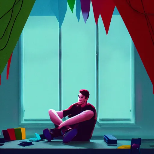 Prompt: a sad man sitting in a room bound by colorful construction paper chains, dramatic lighting, cinematic, establishing shot, extremely high detail, photo realistic, cinematic lighting, post processed, concept art, artstation, matte painting, style by eddie mendoza, raphael lacoste, alex ross